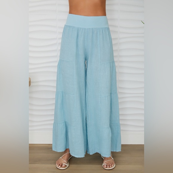(2-36/255005-SOL-DENB) LINEN TIERED PALAZZO PANT - Picture 4 of 6
